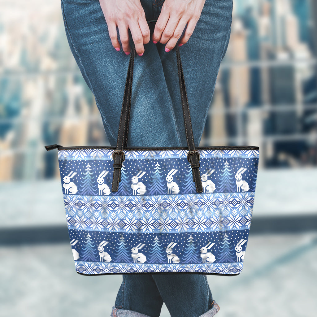 Snow Rabbit Knitted Pattern Print Leather Tote Bag