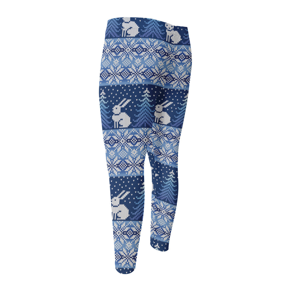 Snow Rabbit Knitted Pattern Print Men's Compression Pants
