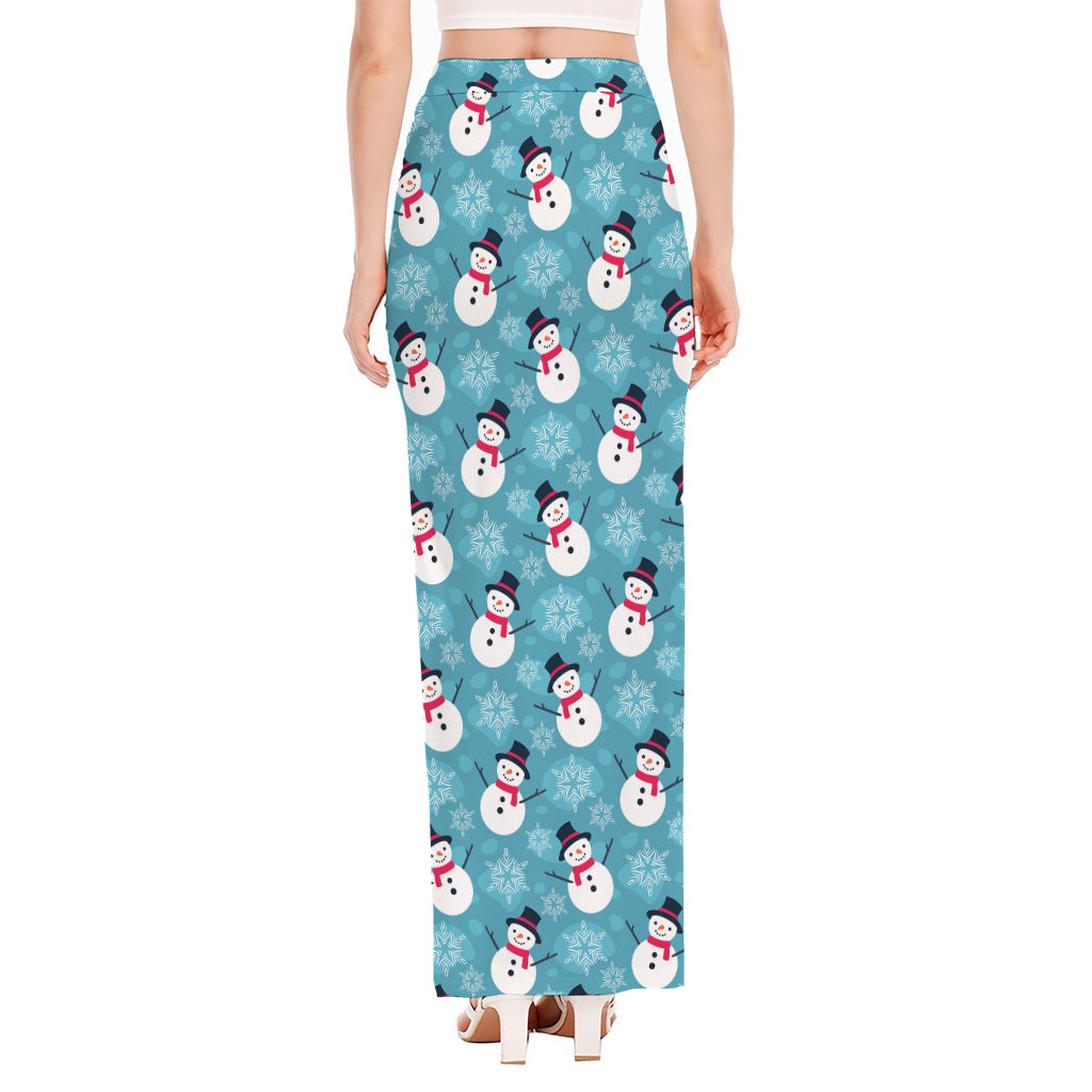 Snowman And Snowflake Pattern Print High Slit Maxi Skirt