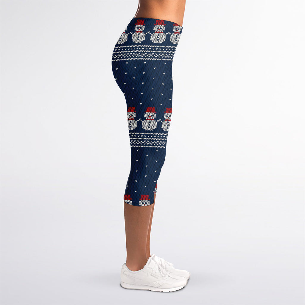 Snowman Knitted Pattern Print Women's Capri Leggings