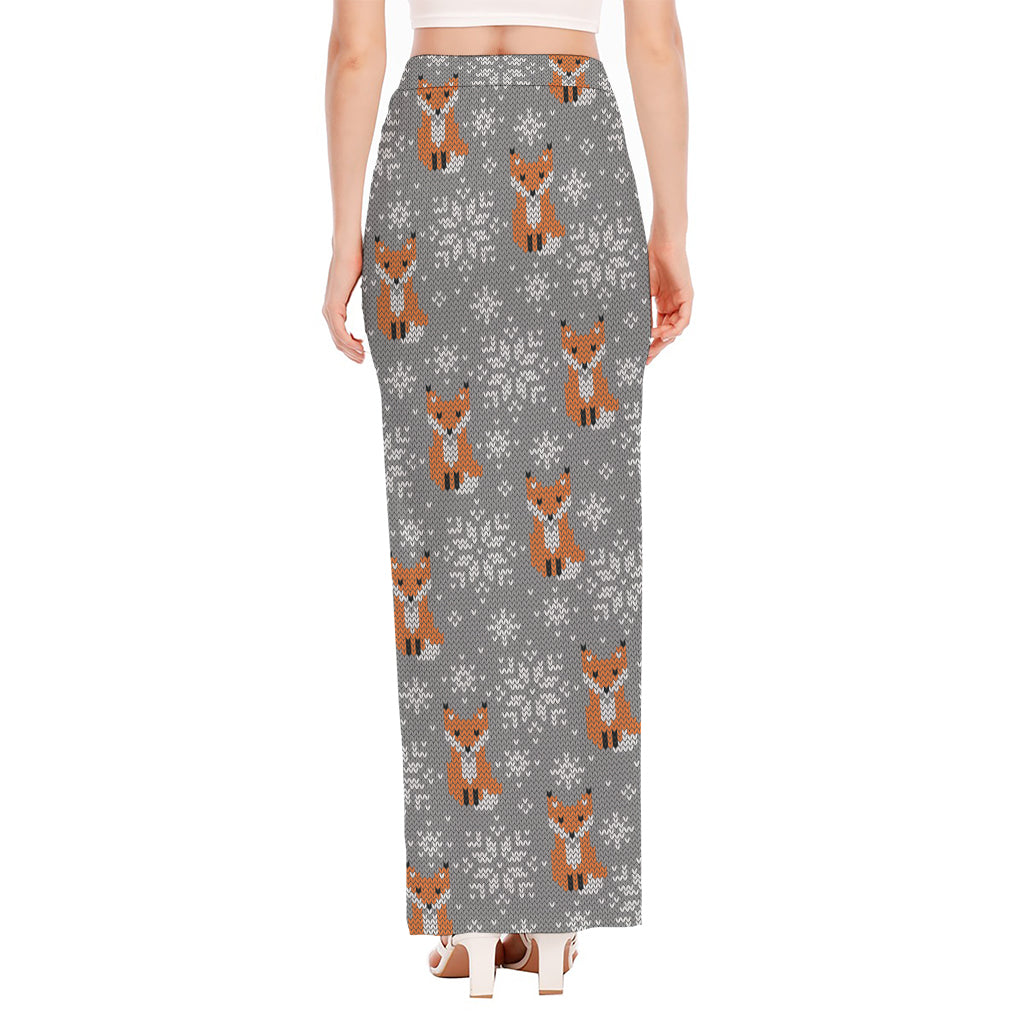 Snowy Fox Knitted Pattern Print High Slit Maxi Skirt
