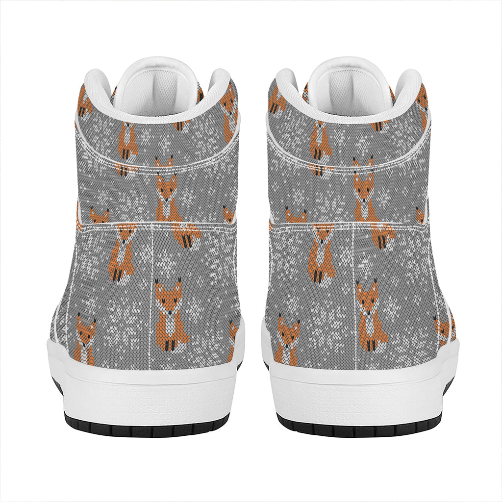 Snowy Fox Knitted Pattern Print High Top Leather Sneakers