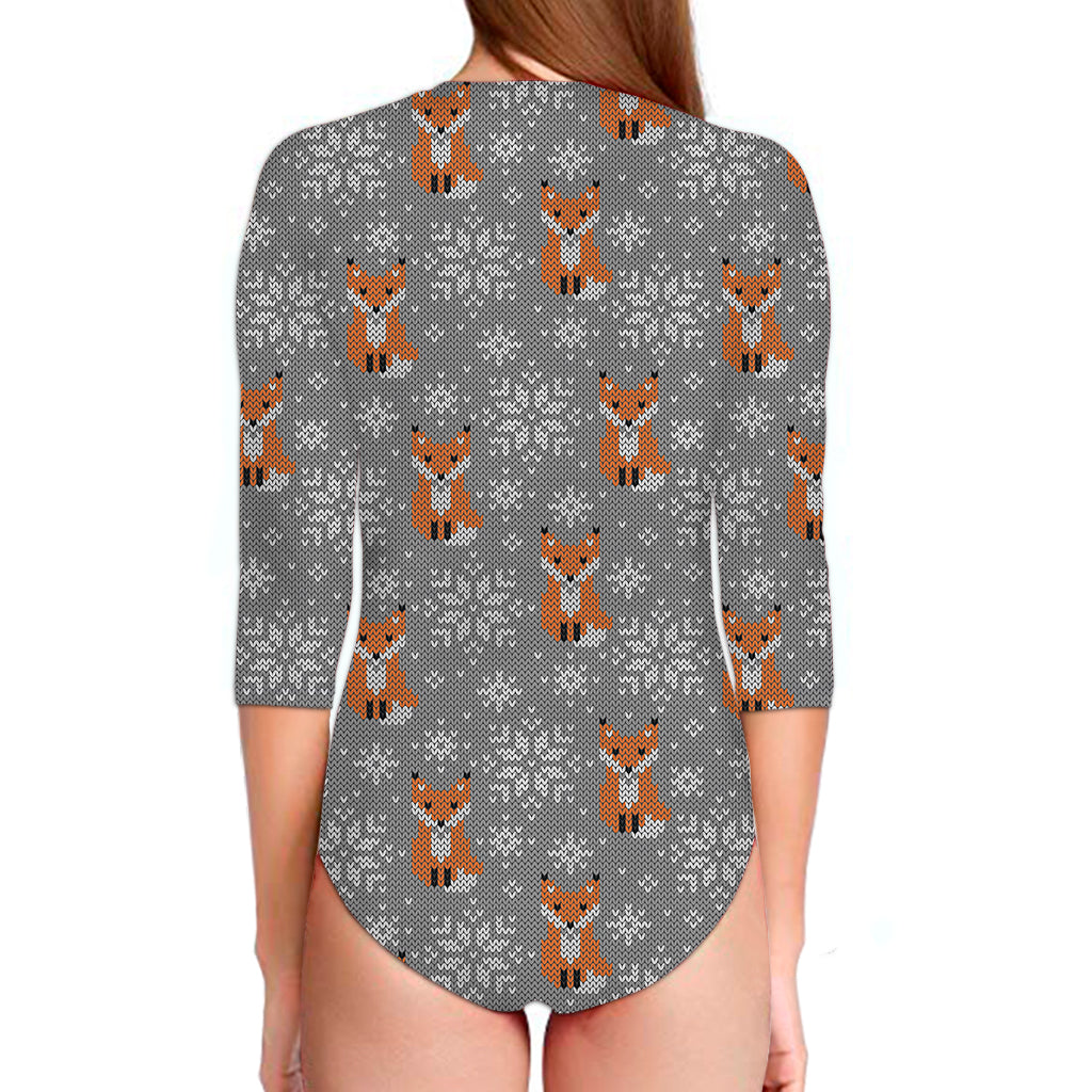 Snowy Fox Knitted Pattern Print Long Sleeve Swimsuit