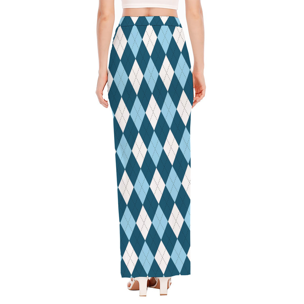 Soft Blue Argyle Pattern Print High Slit Maxi Skirt