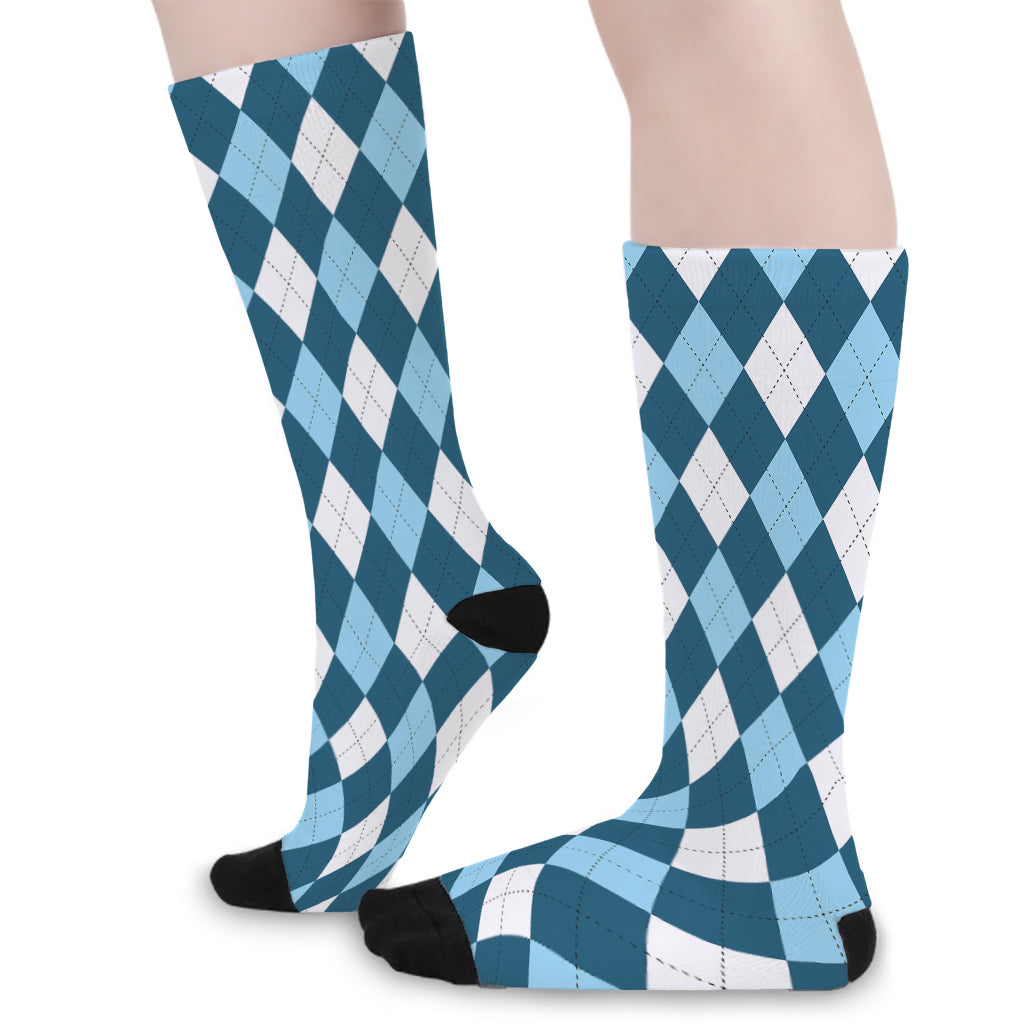 Soft Blue Argyle Pattern Print Long Socks