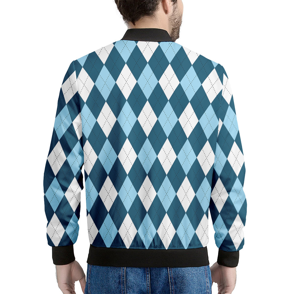 Soft Blue Argyle Pattern Print Men's Bomber Jacket