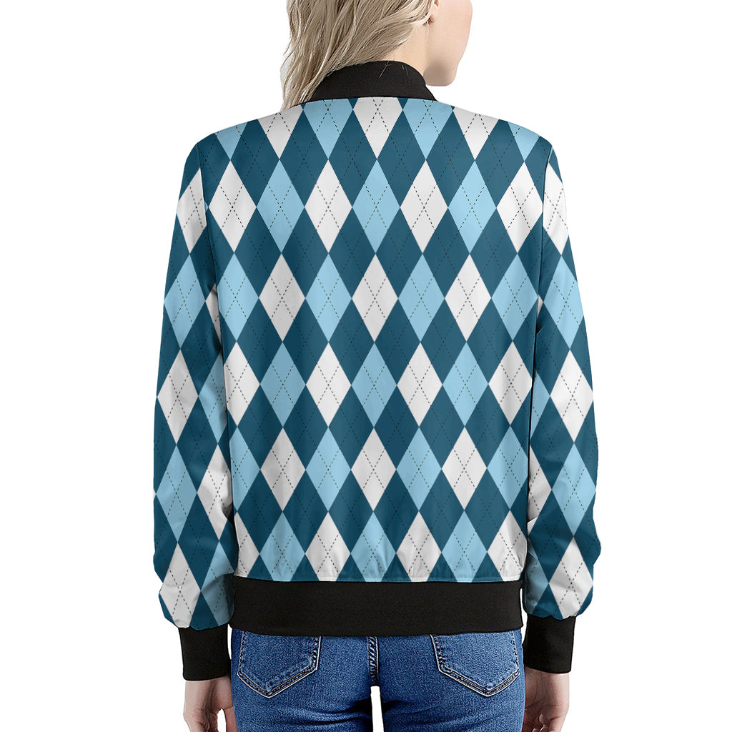 Soft Blue Argyle Pattern Print Women's Bomber Jacket
