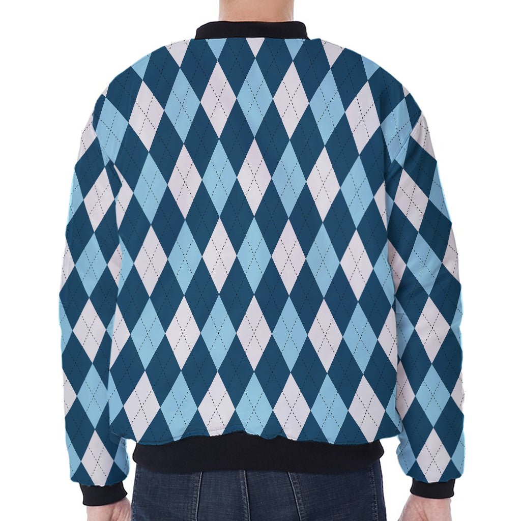 Soft Blue Argyle Pattern Print Zip Sleeve Bomber Jacket