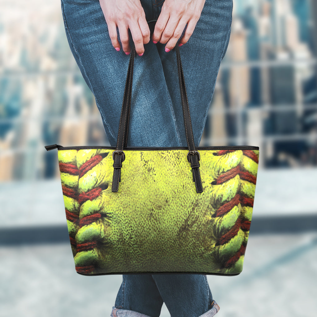 Softball Ball Print Leather Tote Bag