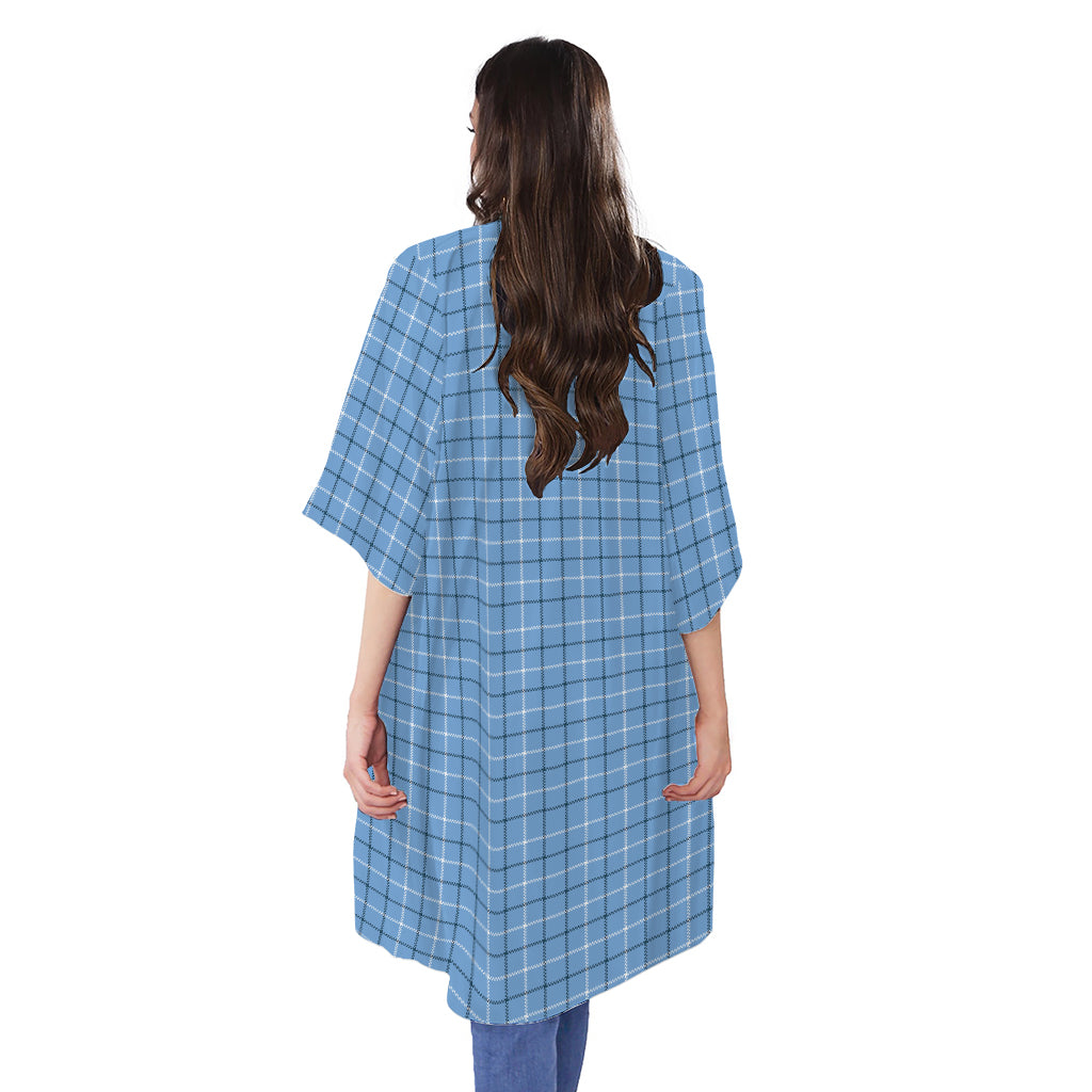Solf Blue Tattersall Pattern Print Open Front Beach Cover Up