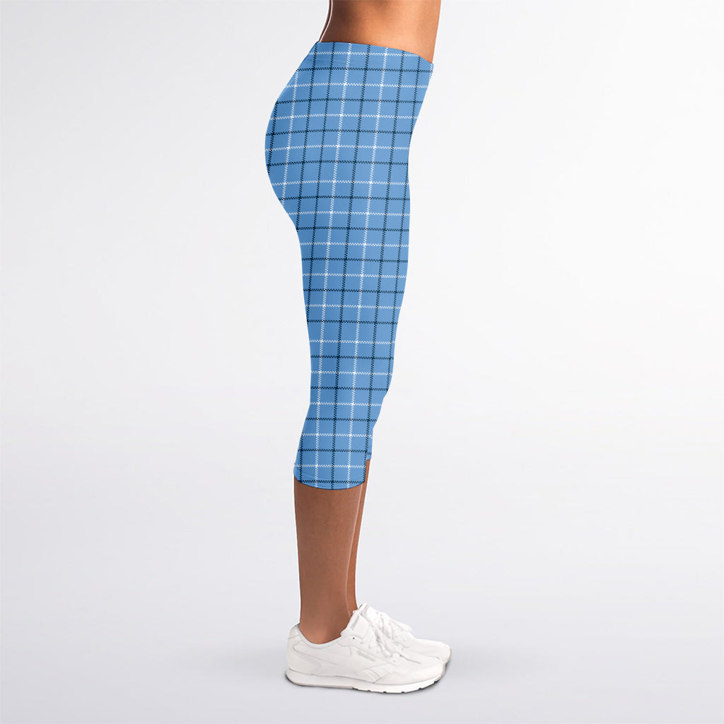 Solf Blue Tattersall Pattern Print Women's Capri Leggings