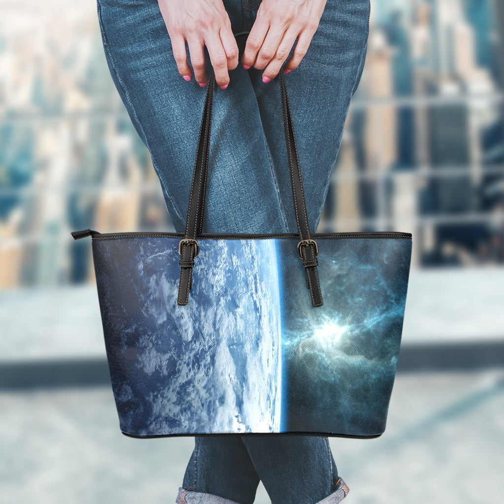 Space And Earth Print Leather Tote Bag
