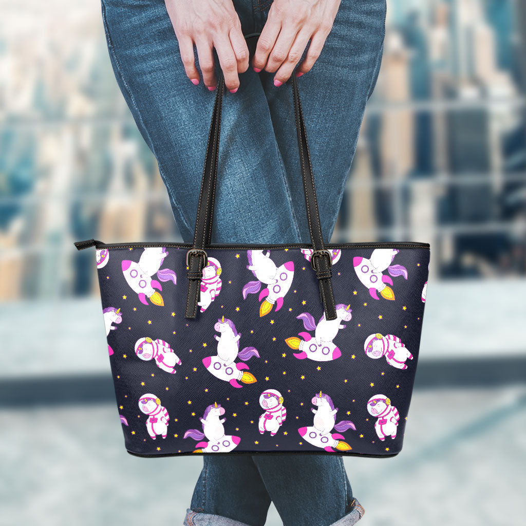 Space Astronaut Unicorn Pattern Print Leather Tote Bag