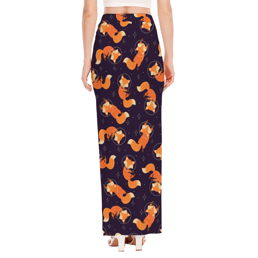 Space Fox Pattern Print High Slit Maxi Skirt