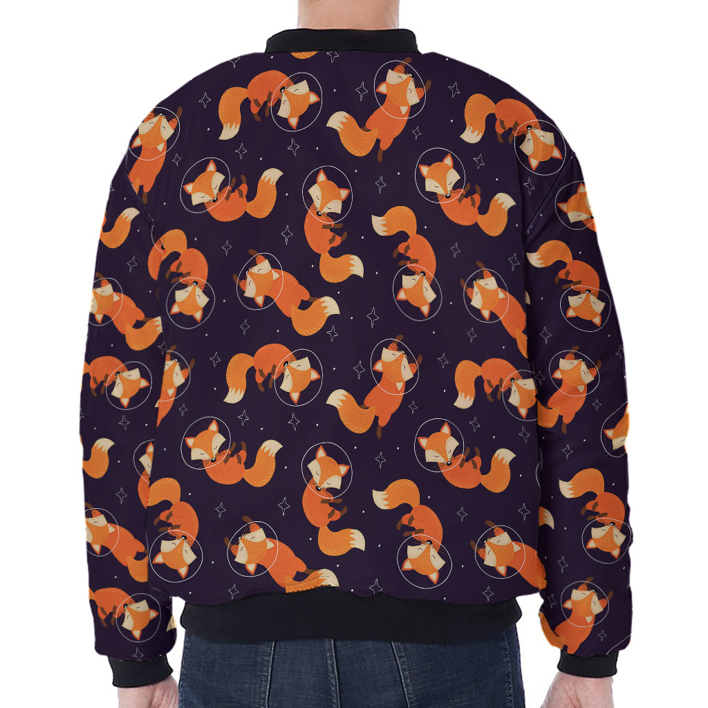 Space Fox Pattern Print Zip Sleeve Bomber Jacket