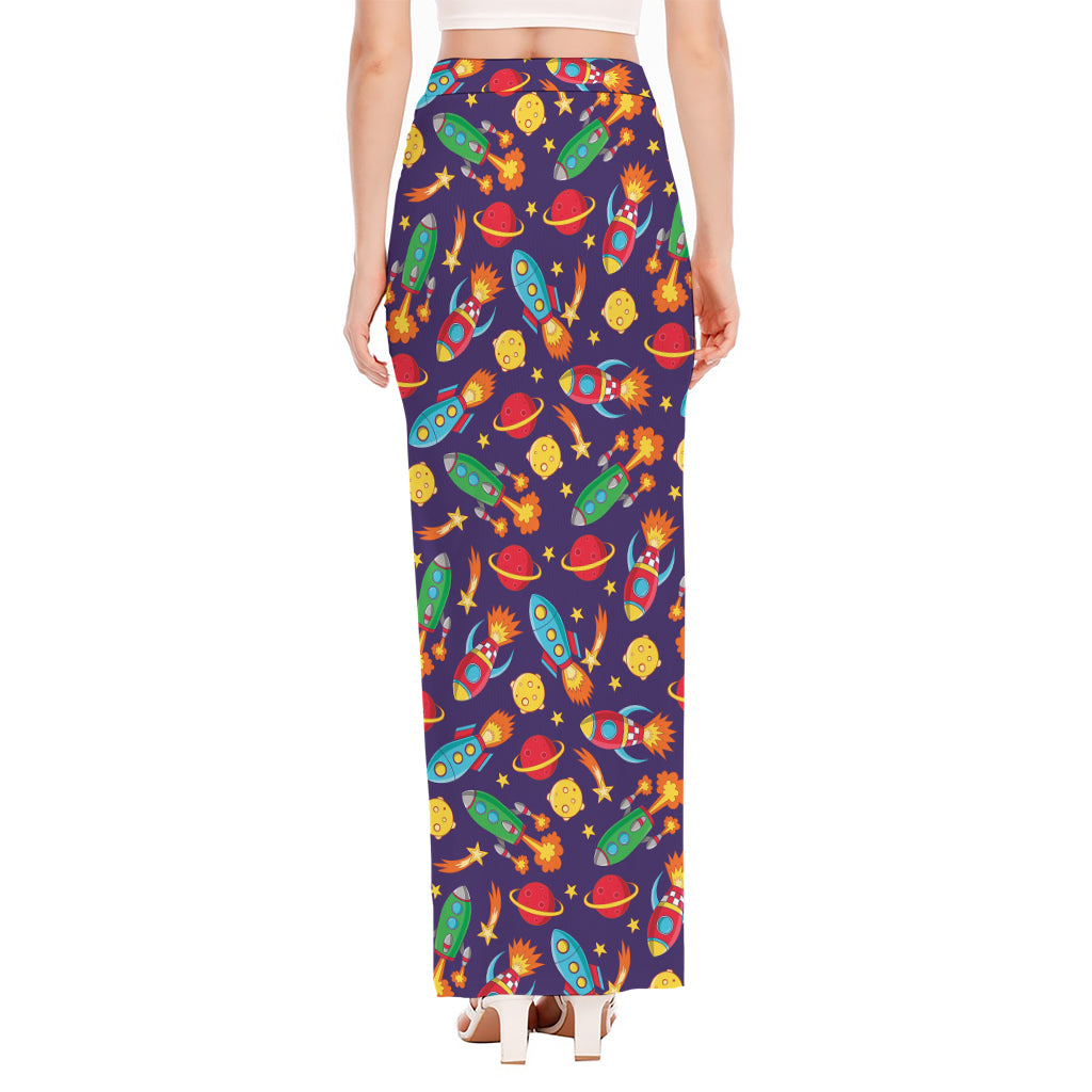 Space Rockets Pattern Print High Slit Maxi Skirt