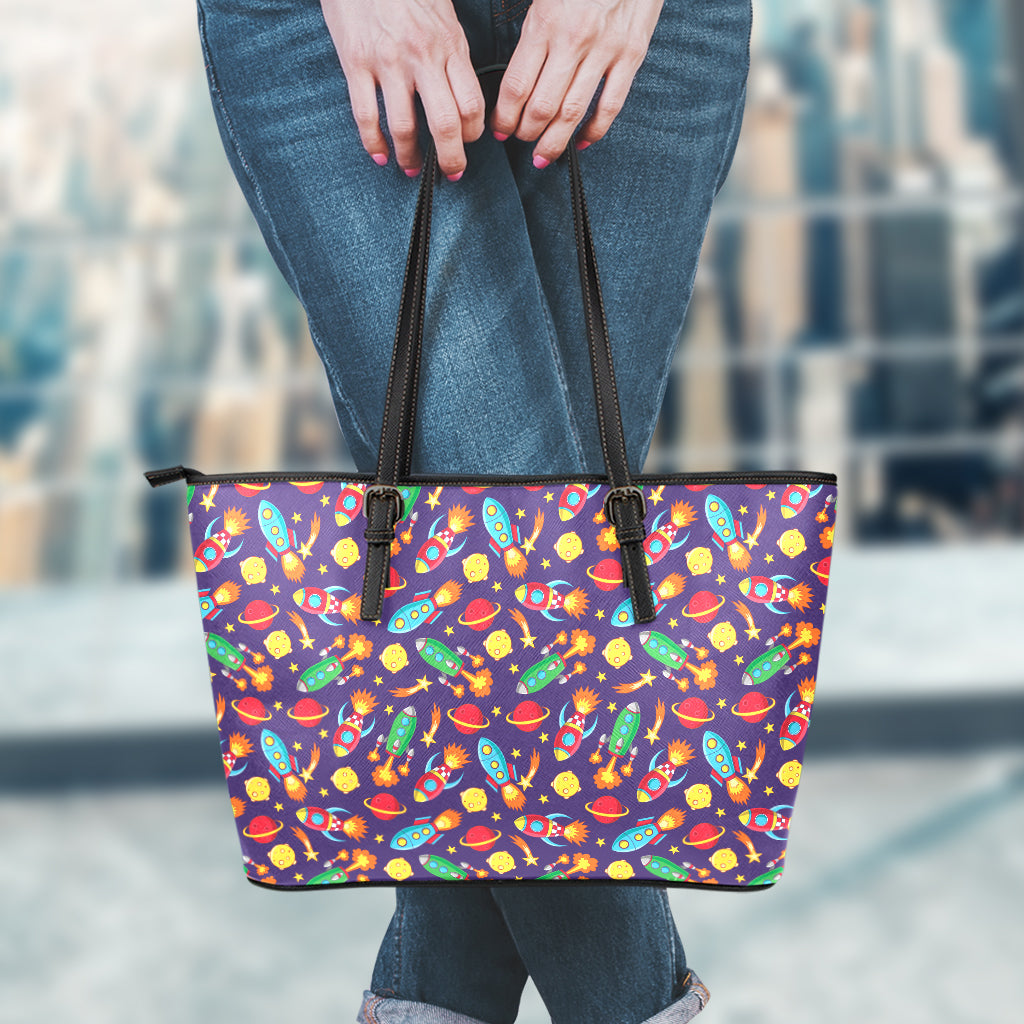 Space Rockets Pattern Print Leather Tote Bag
