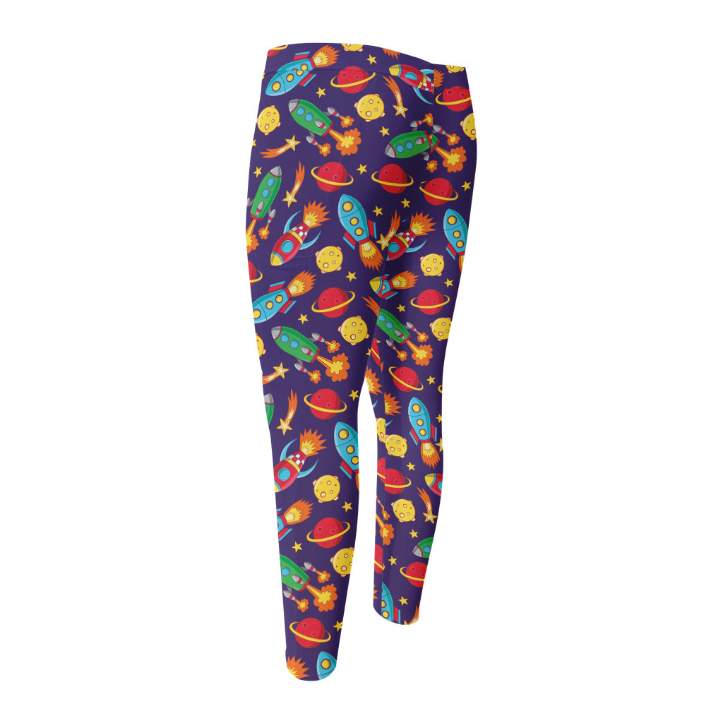 Space Rockets Pattern Print Men's Compression Pants