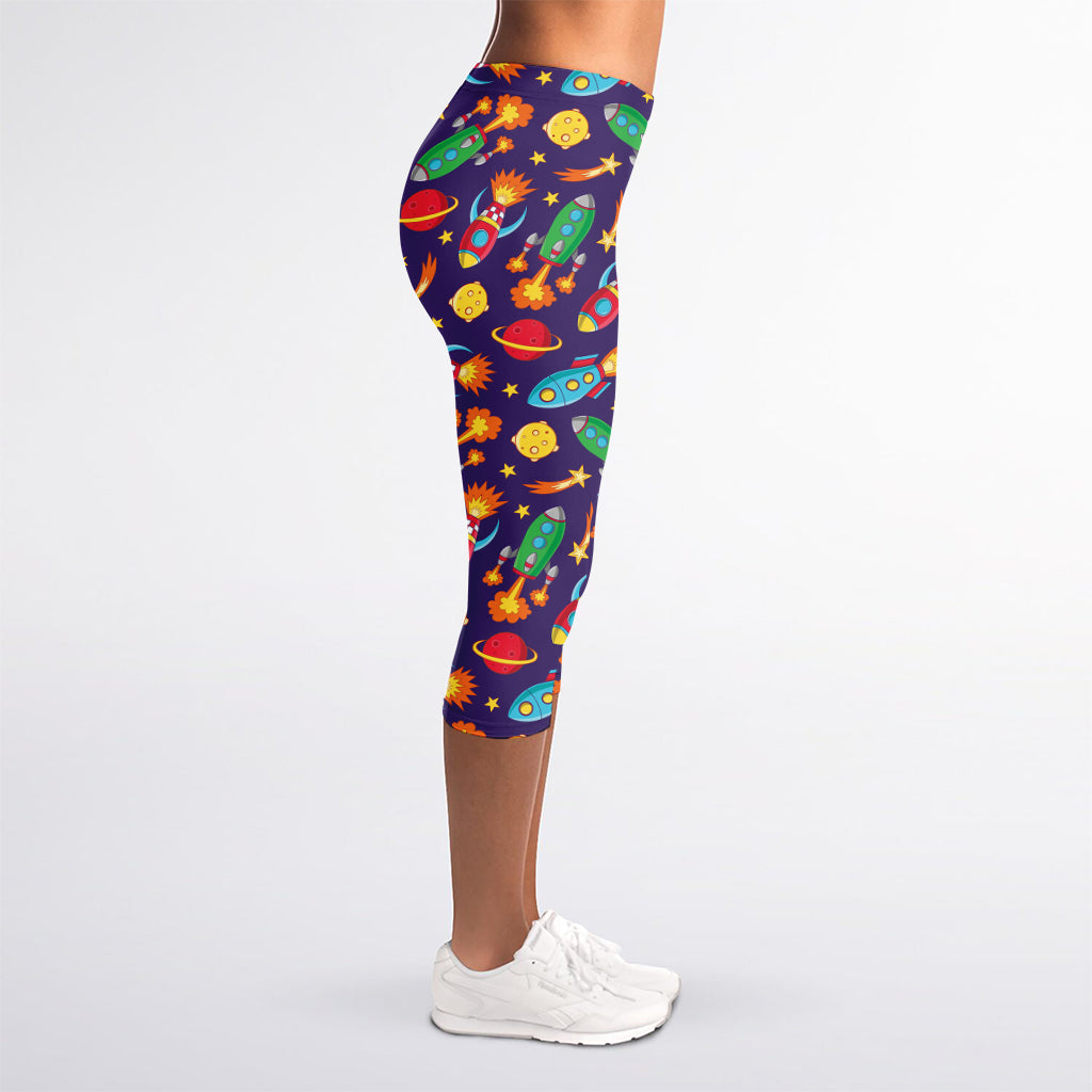 Space Rockets Pattern Print Women's Capri Leggings