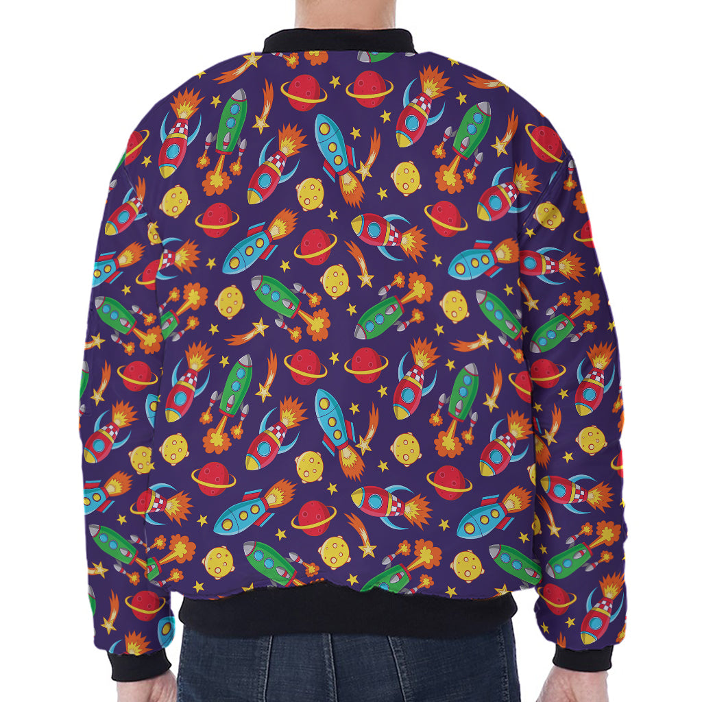 Space Rockets Pattern Print Zip Sleeve Bomber Jacket