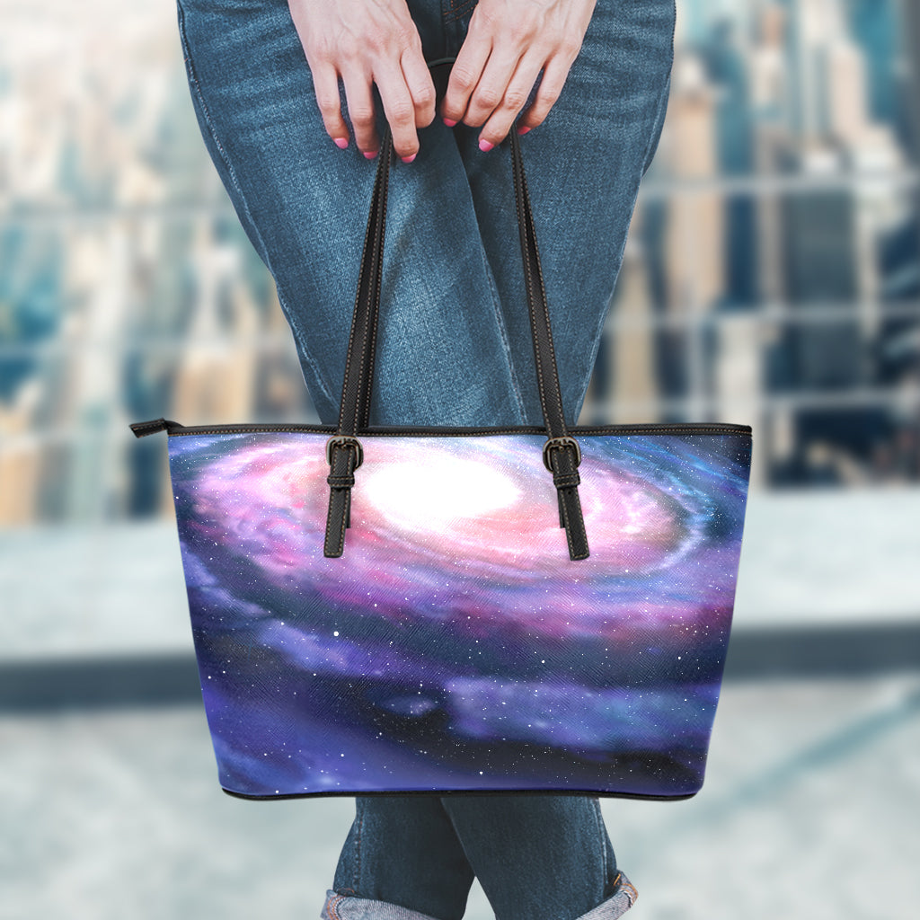 Spiral Milky Way Print Leather Tote Bag