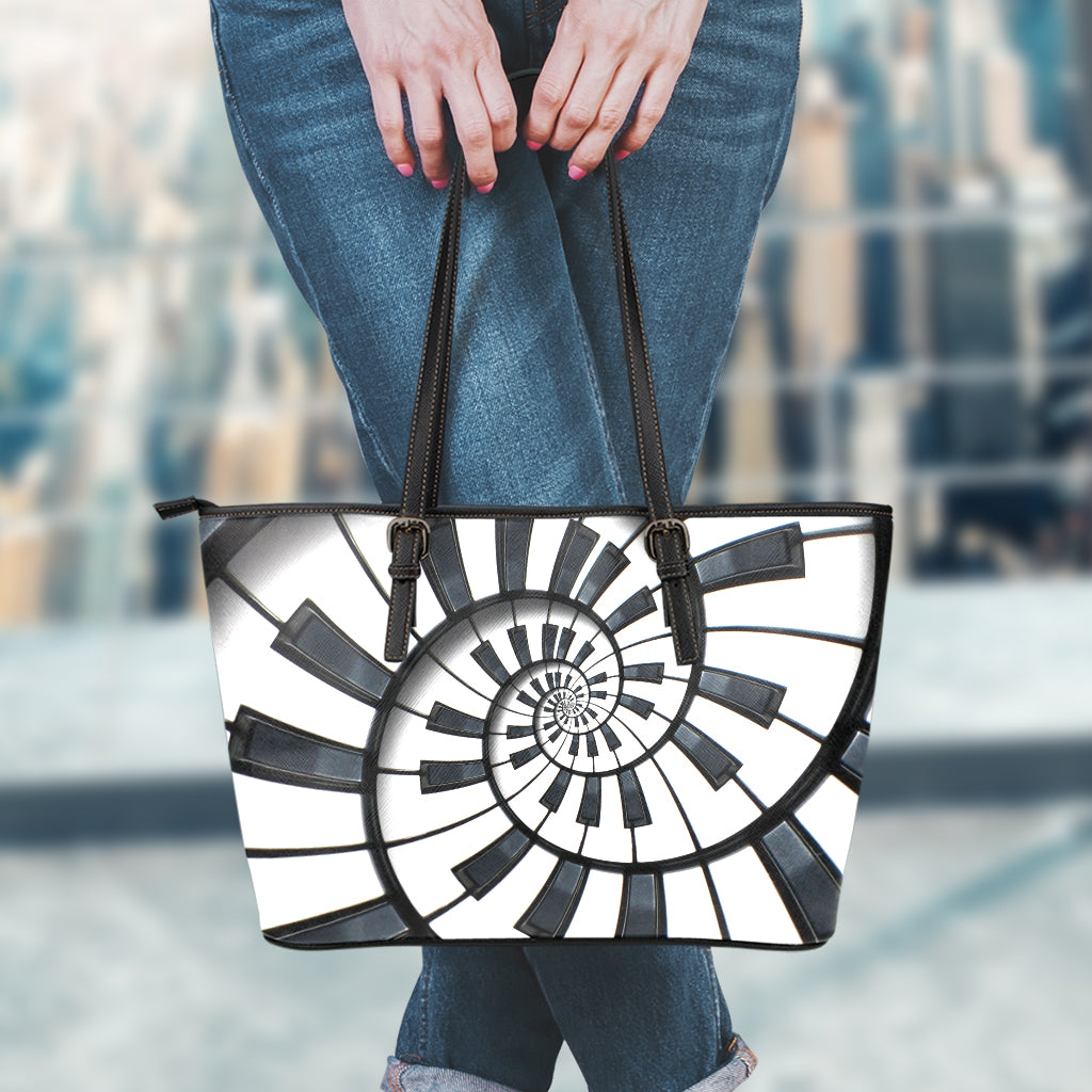 Spiral Piano Keyboard Print Leather Tote Bag