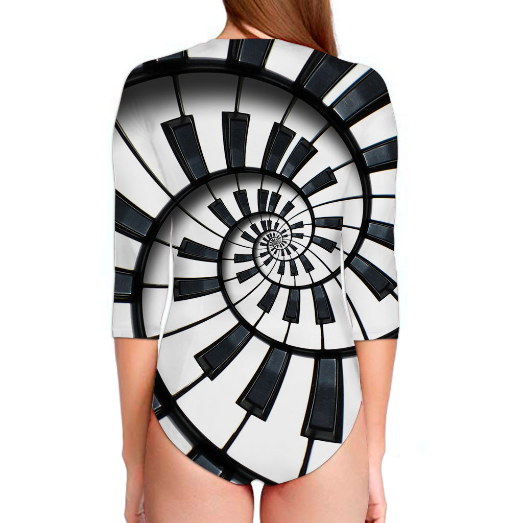 Spiral Piano Keyboard Print Long Sleeve Swimsuit