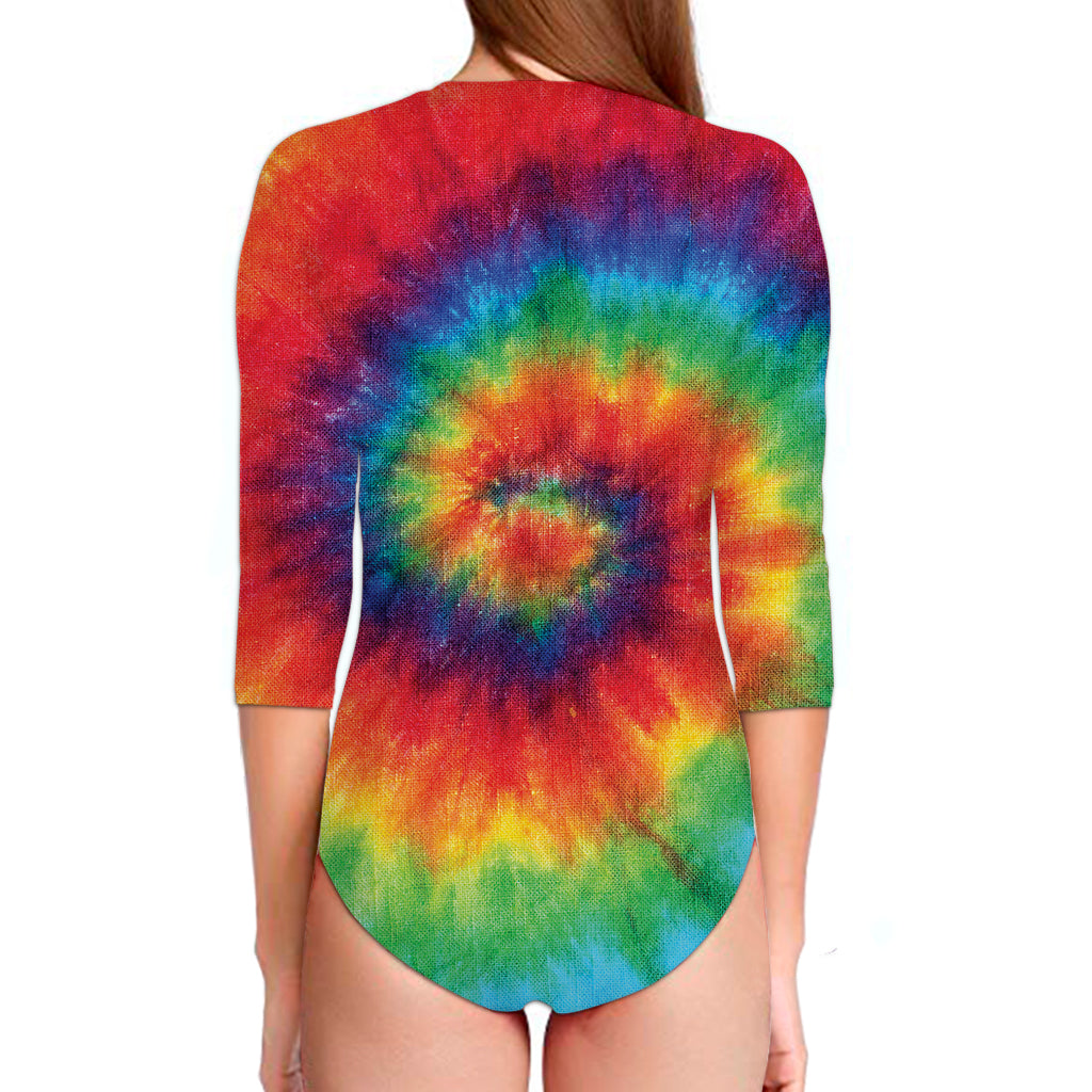 Spiral Tie Dye Print Long Sleeve Swimsuit