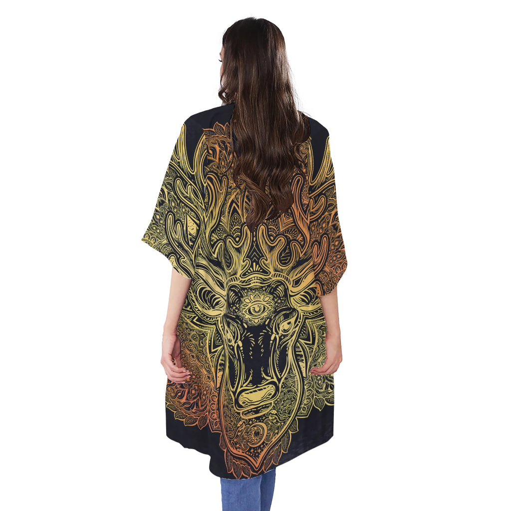 Spiritual Deer Mandala Print Open Front Beach Cover Up