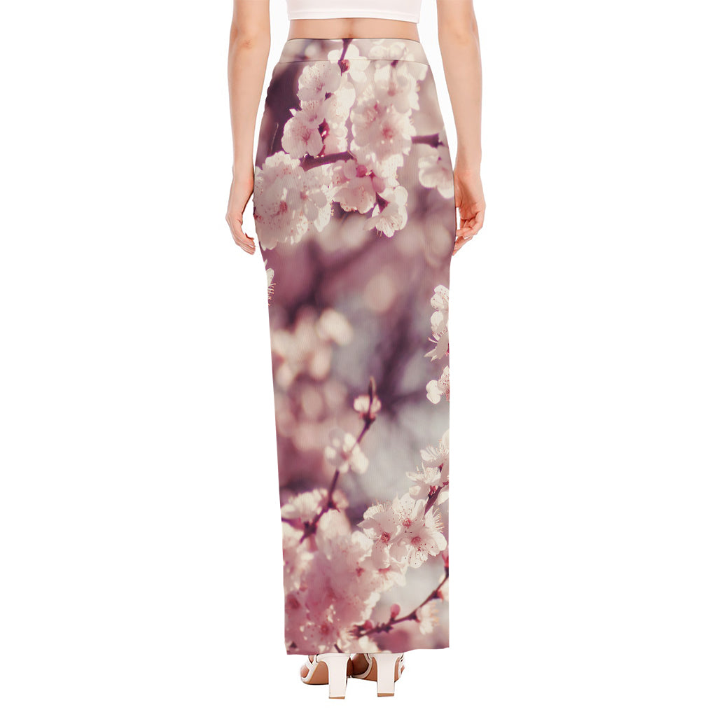 Spring Cherry Blossom Print High Slit Maxi Skirt