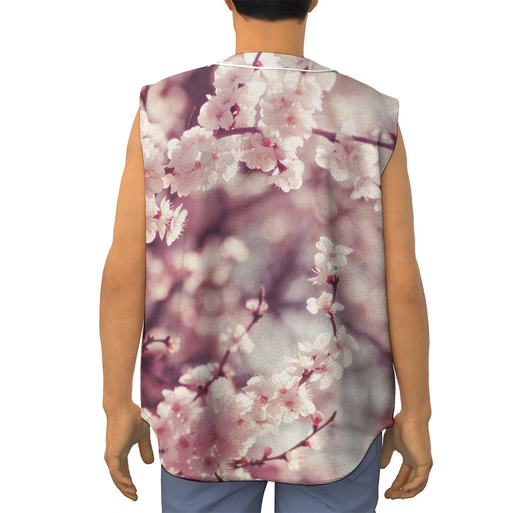 Spring Cherry Blossom Print Sleeveless Baseball Jersey