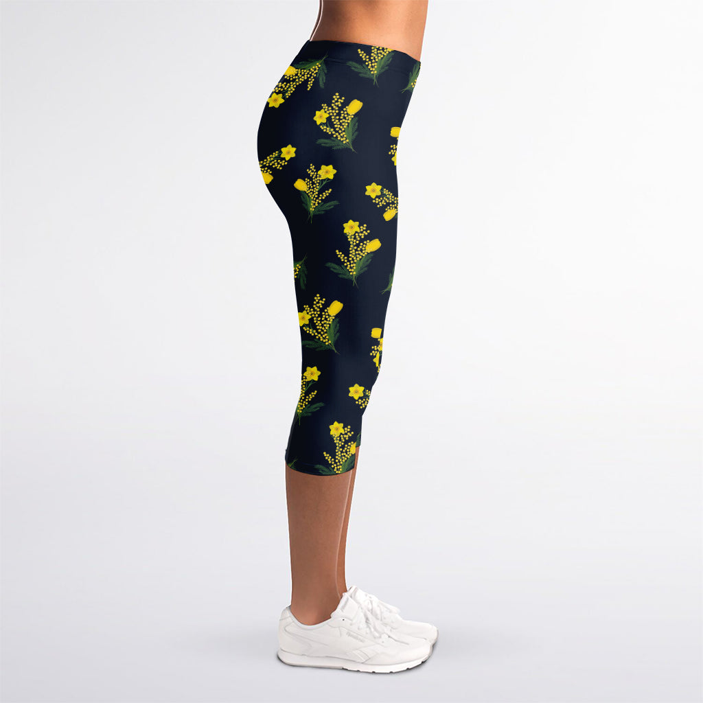 Spring Daffodil Flower Pattern Print Women's Capri Leggings
