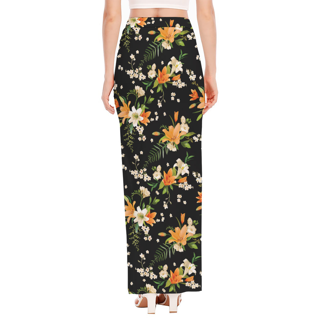 Spring Lily Flowers Pattern Print High Slit Maxi Skirt