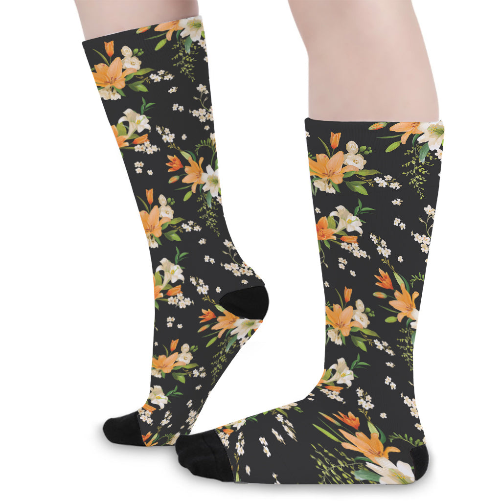 Spring Lily Flowers Pattern Print Long Socks