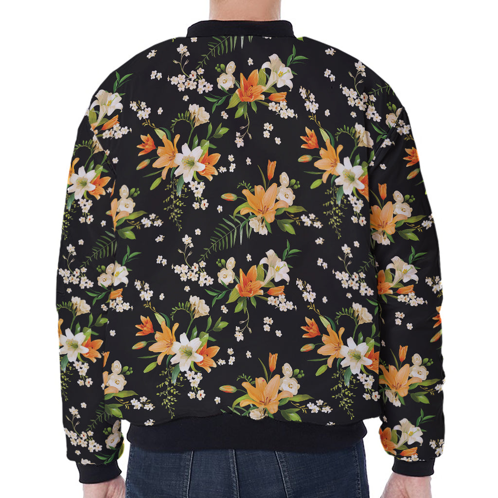 Spring Lily Flowers Pattern Print Zip Sleeve Bomber Jacket