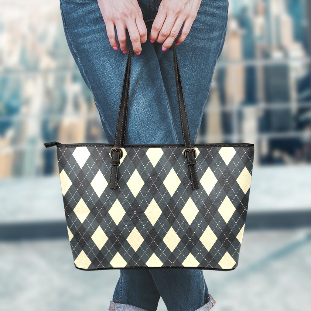 Spruce Blue And Beige Argyle Print Leather Tote Bag