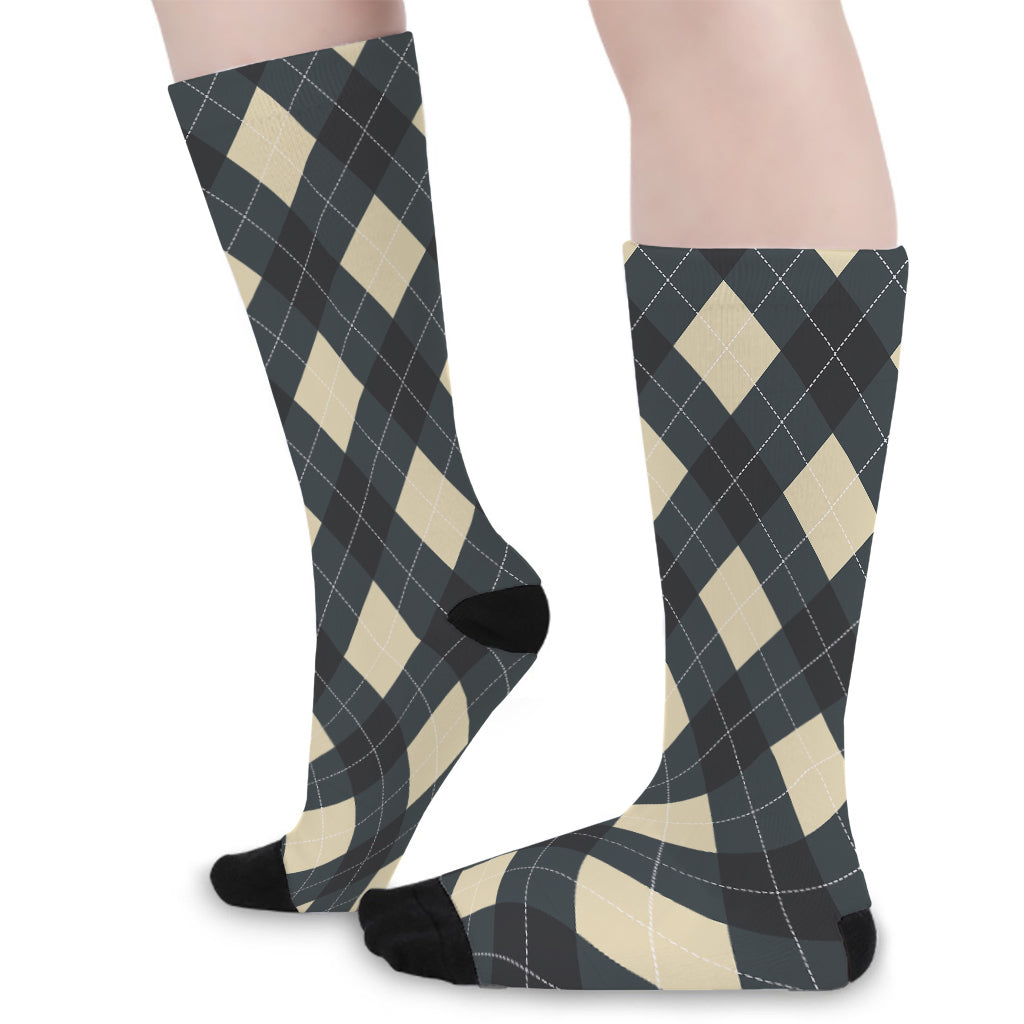 Spruce Blue And Beige Argyle Print Long Socks