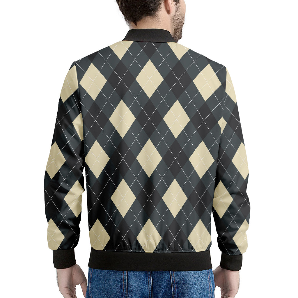 Spruce Blue And Beige Argyle Print Men's Bomber Jacket