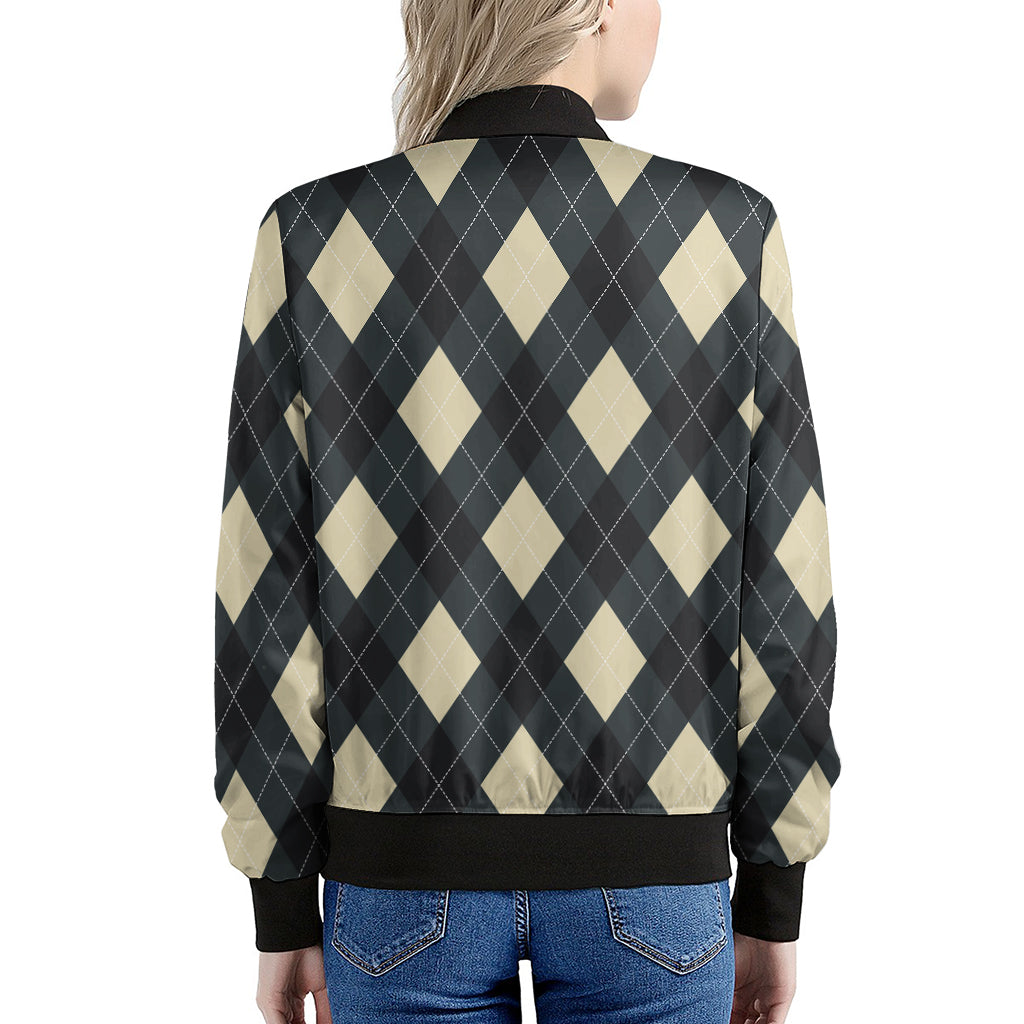 Spruce Blue And Beige Argyle Print Women's Bomber Jacket