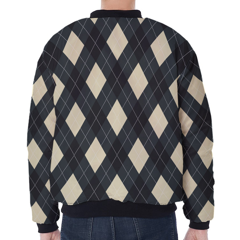 Spruce Blue And Beige Argyle Print Zip Sleeve Bomber Jacket