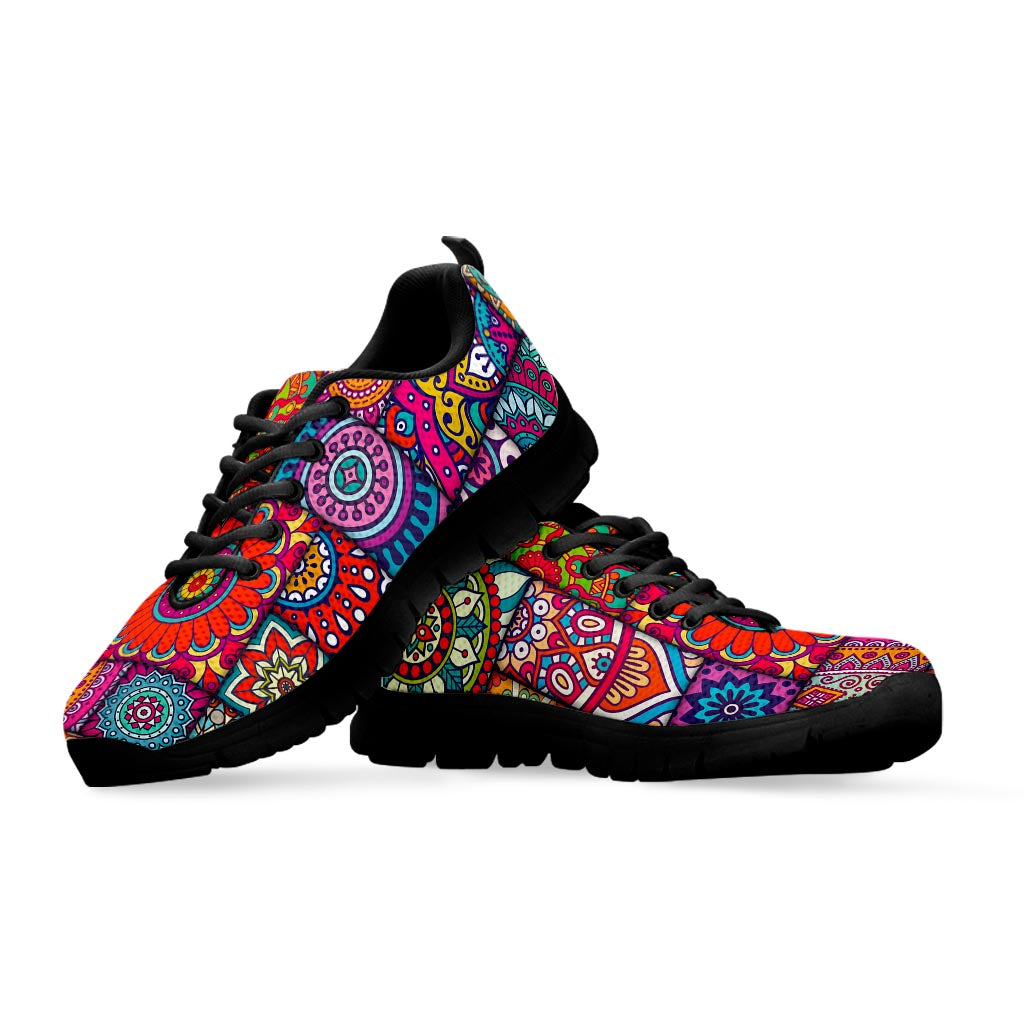 Square Bohemian Mandala Patchwork Print Black Running Shoes