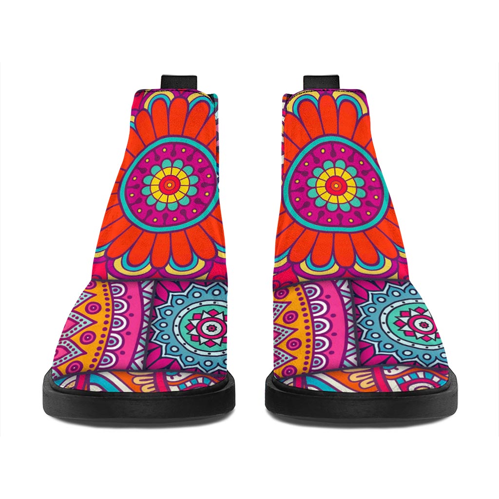 Square Bohemian Mandala Patchwork Print Flat Ankle Boots
