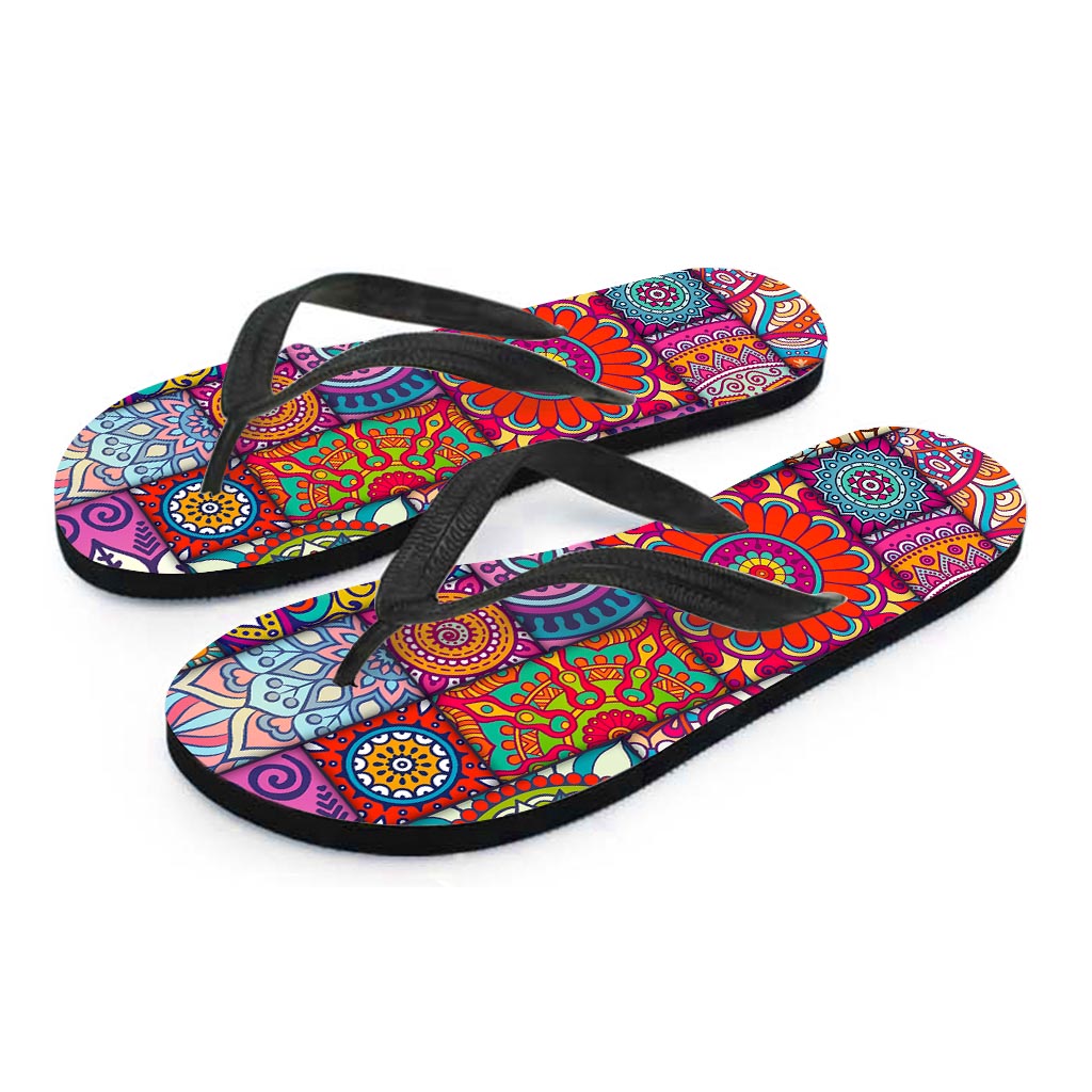 Square Bohemian Mandala Patchwork Print Flip Flops