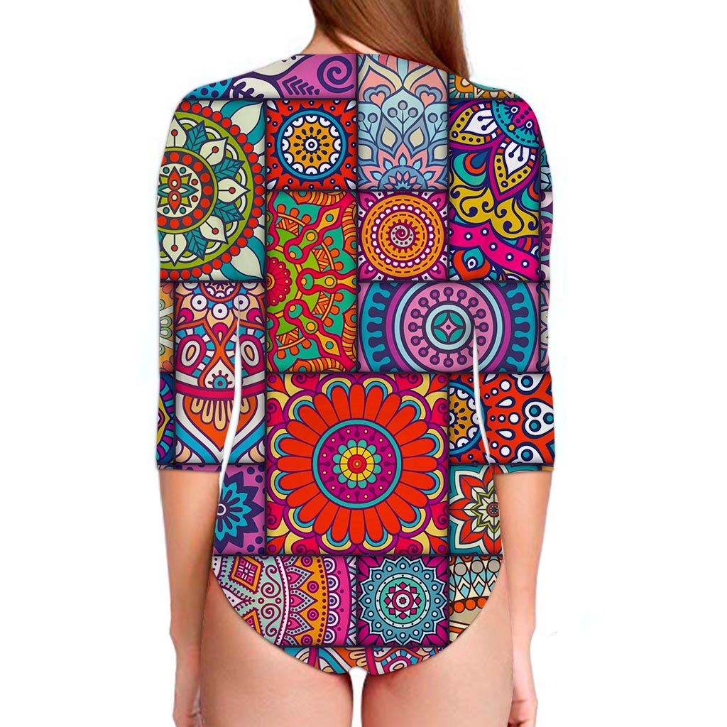 Square Bohemian Mandala Patchwork Print Long Sleeve Swimsuit