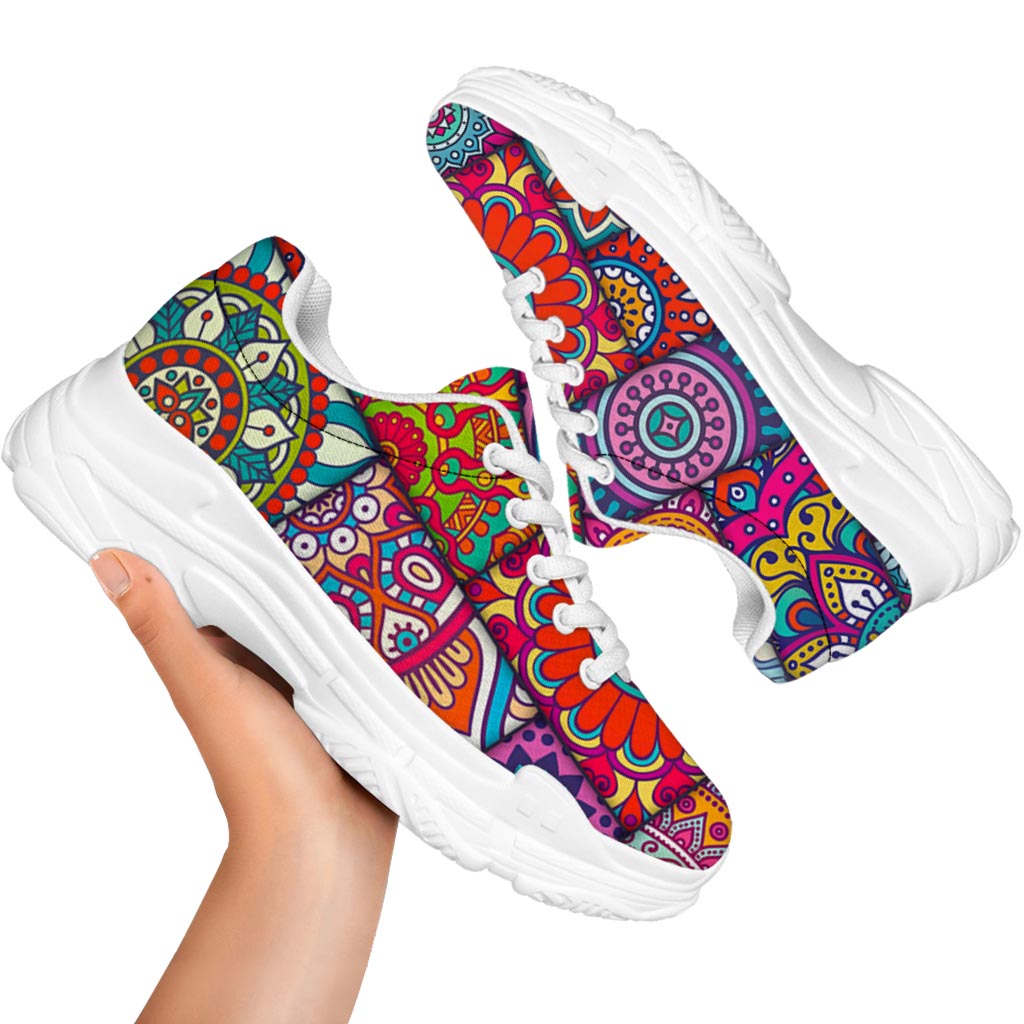 Square Bohemian Mandala Patchwork Print White Chunky Shoes