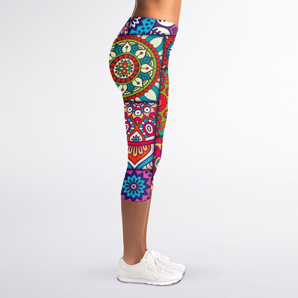 Square Bohemian Mandala Patchwork Print Women's Capri Leggings