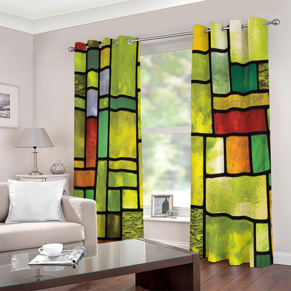 Square Stained Glass Mosaic Print Extra Wide Grommet Curtains