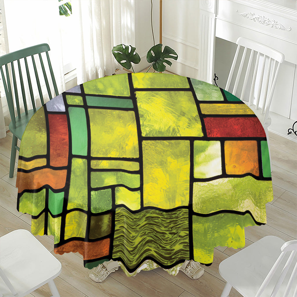 Square Stained Glass Mosaic Print Waterproof Round Tablecloth