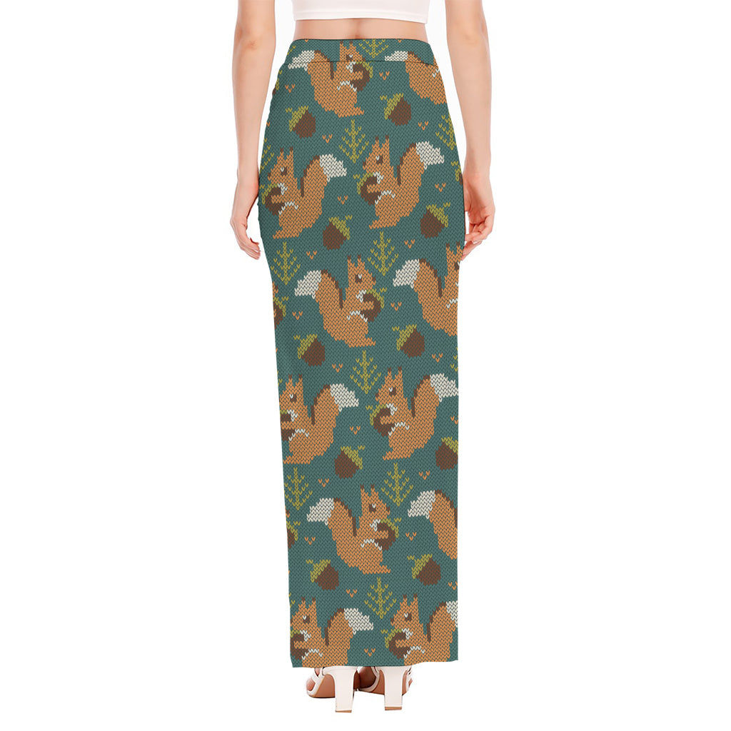 Squirrel Knitted Pattern Print High Slit Maxi Skirt