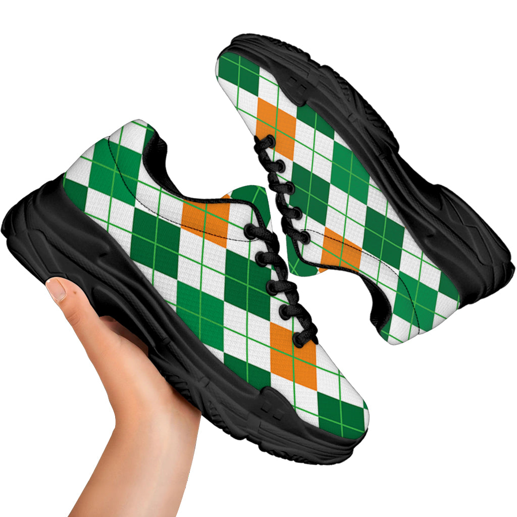 St Patrick's Day Argyle Pattern Print Black Chunky Shoes